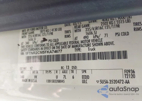 2015 Ford Transit-250 from USA, damaged, VIN 1FTNR2CM5FKA74677